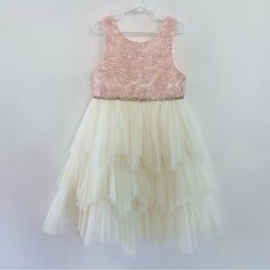 NEW Sequin Embellished Layered Tulle Dress Girls Kids Pink Ivory Gold Size 7